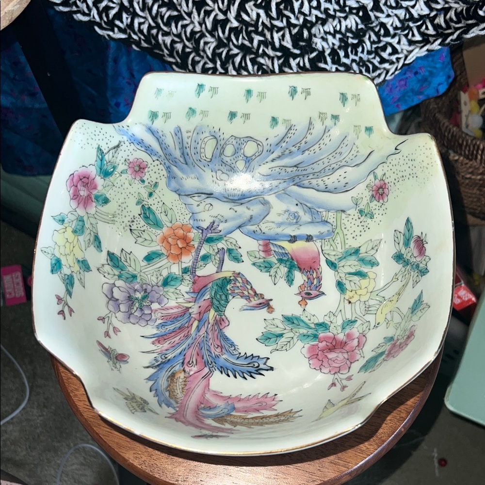Vintage Chinese Satsuma Bowl Birds Of Paradise with Wood Stand - Picture 4 of 14